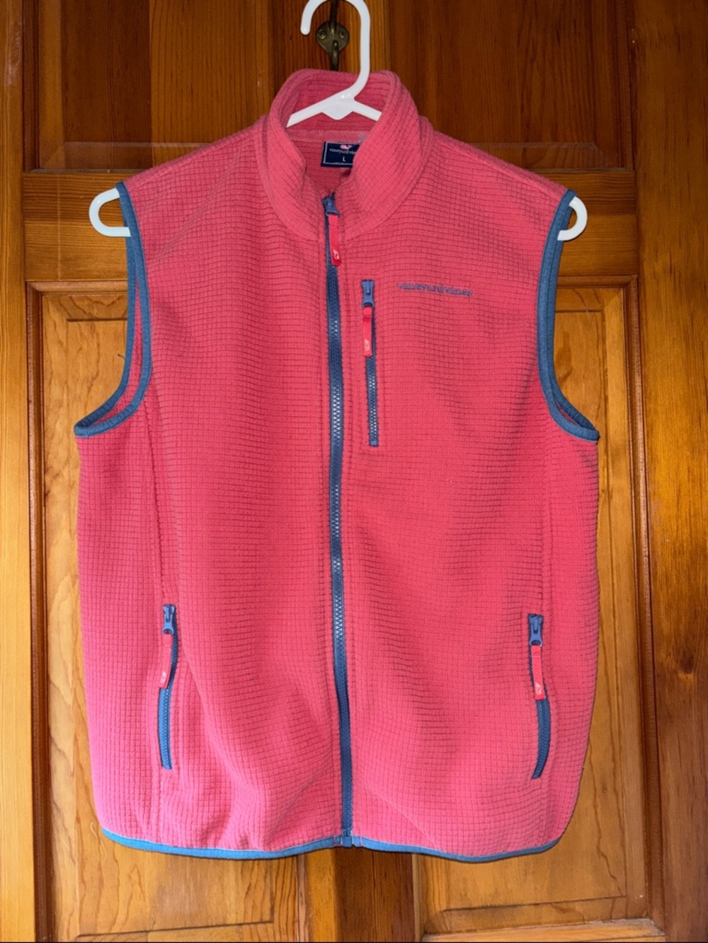 Vineyard Vines Coral Pink Grid Fleece Vest Slate blue/Gray Trim USA Flag 🇺🇸